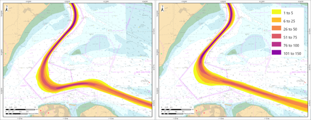 Vessel density of arriving (left) and departing (right) vessels in The Solent