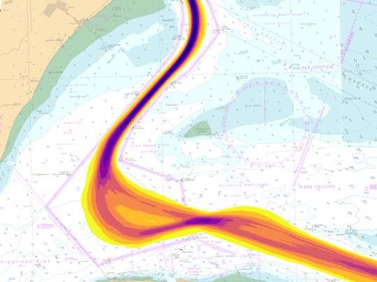Swept path of vessel across the solent