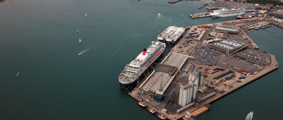cruise ship at Southampton aerial view